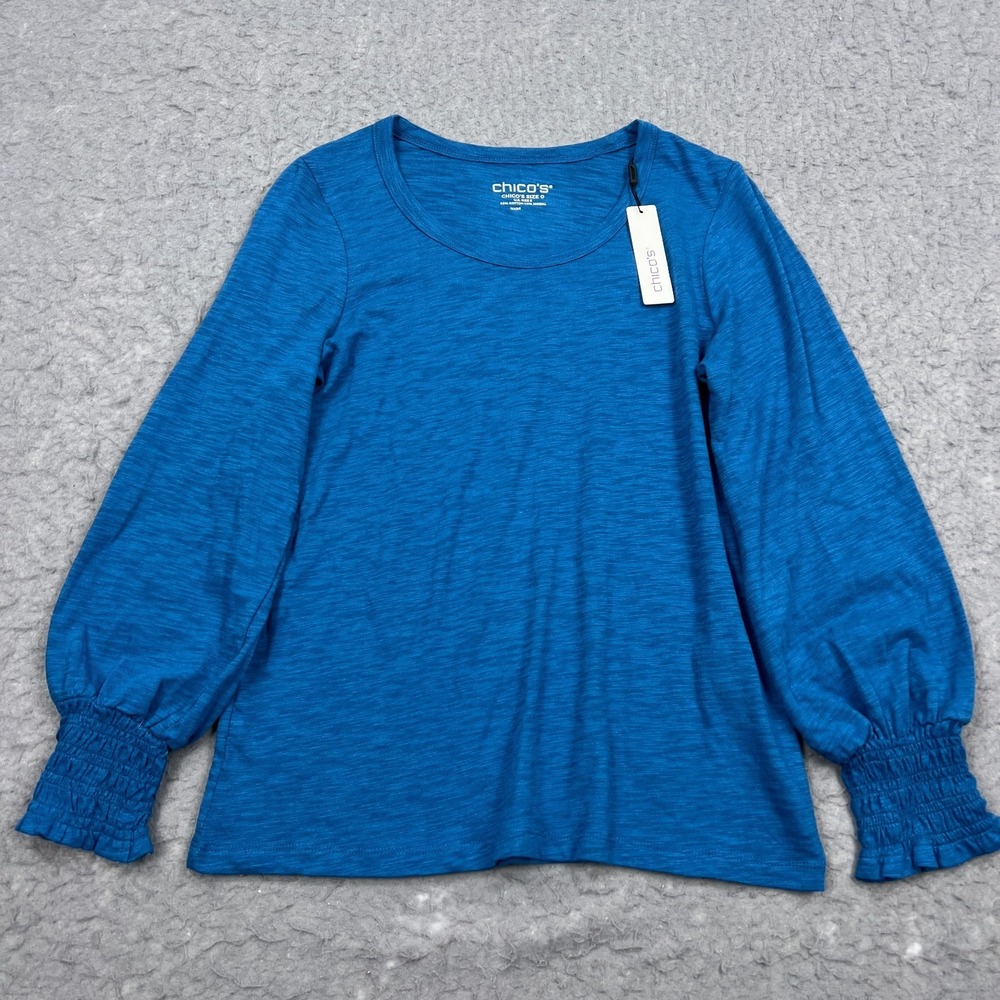 NEW Chico's Top Women's 0 Blue Cotton Slub Smocked 3/4 Sleeve Tee Crew Blouse